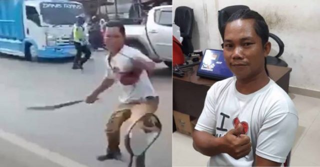 Pria kejar polisi pakai celurit