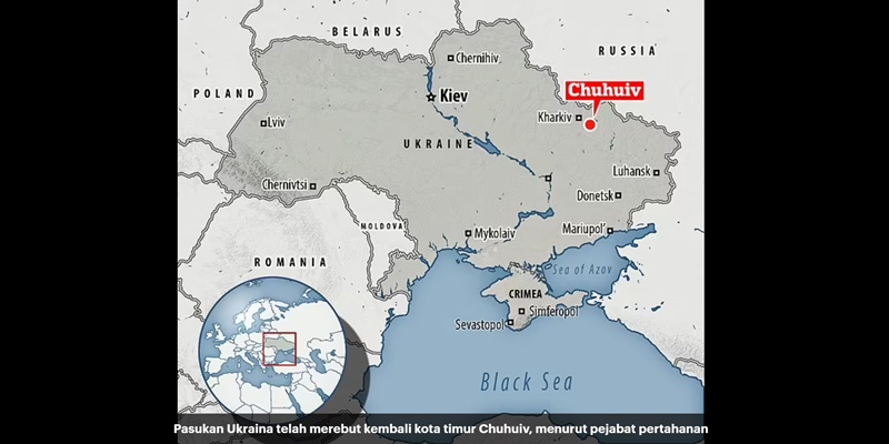 Angkatan bersenjata Ukraina mengklaim berhasil merebut kembali Kota Chuhuiv di wilayah Kharkiv.