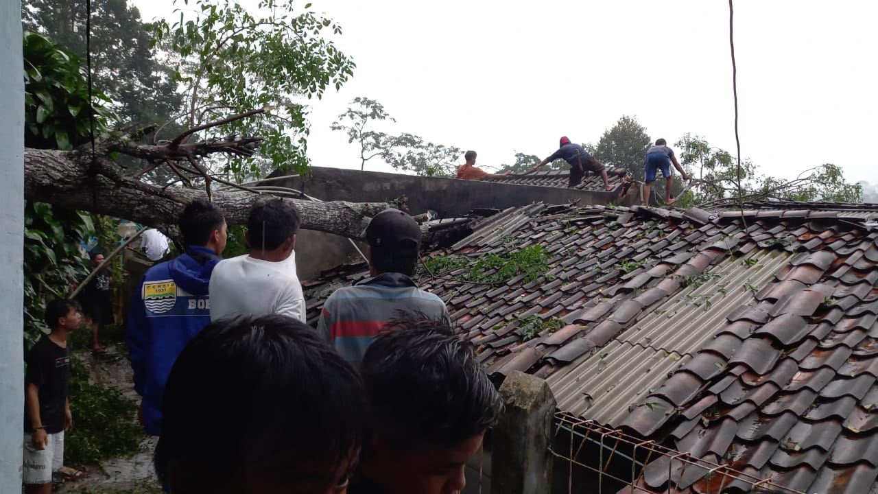 Sejumlah warga pada saat melakukan evakuasi pohon tumbang di Kampung