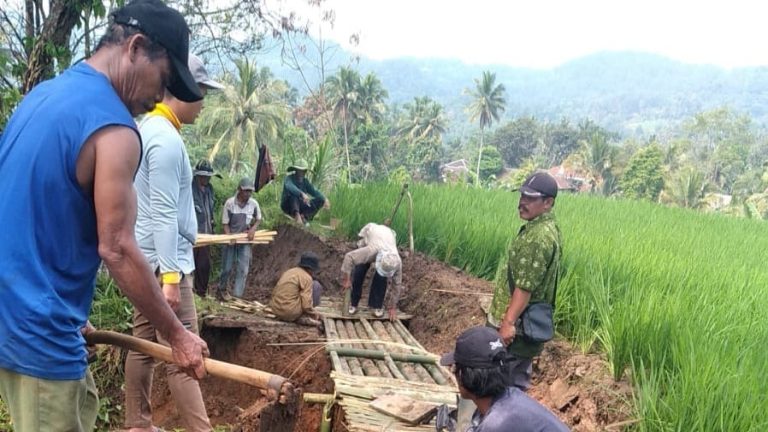 Warga saat melakukan gotong royong membuat jembatan dari Bambu