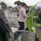 Warga bersama petugas gabungan saat mencabut pohon pisang yang ditanam di jalan berlubang