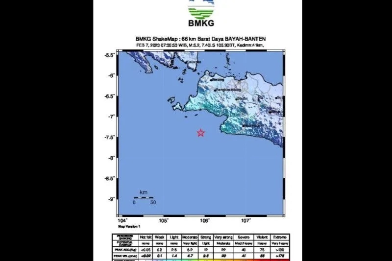 Peta gempa berkekuatan magnitudo 5,2 di