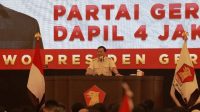 Ketua Umum Partai Gerindra Prabowo Subianto dalam Konsolidasi Akbar di Jakarta International Velodrome, Jakarta Timur, Minggu (16/7/2023).
