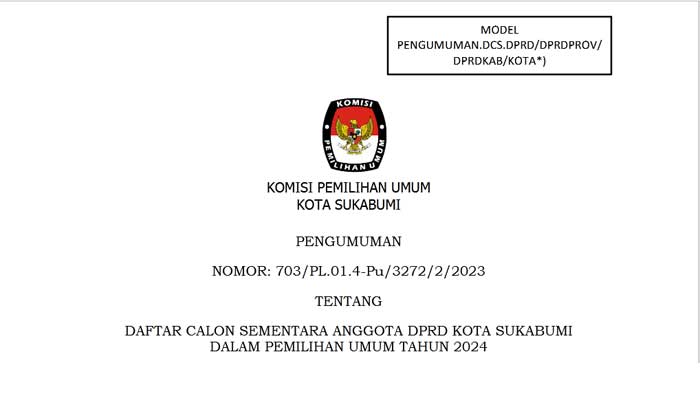 Daftar Calon Sementara Anggota DPRD Kota Sukabumi Dalam Pemilihan Umum Tahun 2024