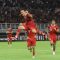 Pemain Timnas Indonesia Egy Maulana Vikri (tengah) berselebrasi usai mencetak gol ke gawang Turkmenistan pada laga FIFA Matchday di Stadion GBT Surabaya, Jumat (8/9/2023) malam. (Moch Asim)