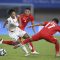 Pesepak bola Timnas U-24 Indonesia Syahrian Abimanyu (kanan) menghadang pesepak bola Korea Utara Hwang Chanjun pada babak Grup F Asian Games 2022 di Zhejiang Normal University Stadium, Jinhua, China, Minggu (24/9/2023). Indonesia kalah dengan skor 0-1.  (Hafidz Mubarak A/nz)