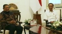 Suasana pertemuan Presiden Joko Widodo bersama Presiden Ke-6 RI Susilo Bambang Yudhoyono di Istana Merdeka, Jakarta, Kamis (10/10/2019). (Bayu Prasetyo)