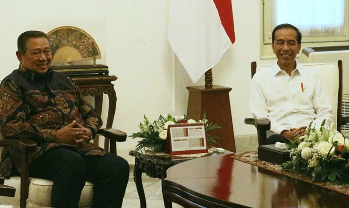 Suasana pertemuan Presiden Joko Widodo bersama Presiden Ke-6 RI Susilo Bambang Yudhoyono di Istana Merdeka, Jakarta, Kamis (10/10/2019). (Bayu Prasetyo)