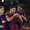 Pemain Barcelona Ferran Torres (tengah), bersama Fermin Lopez (kiri) dan Lamine Yamal (kanan) merayakan gol yang tercipta pada pertandingan Grup H Liga Champions melawan Shakhtar Donetsk, yang dimainkan di Estadi Olimpic Lluis Companys, Barcelona, Rabu (25/10/2023). (LLUIS GENE)