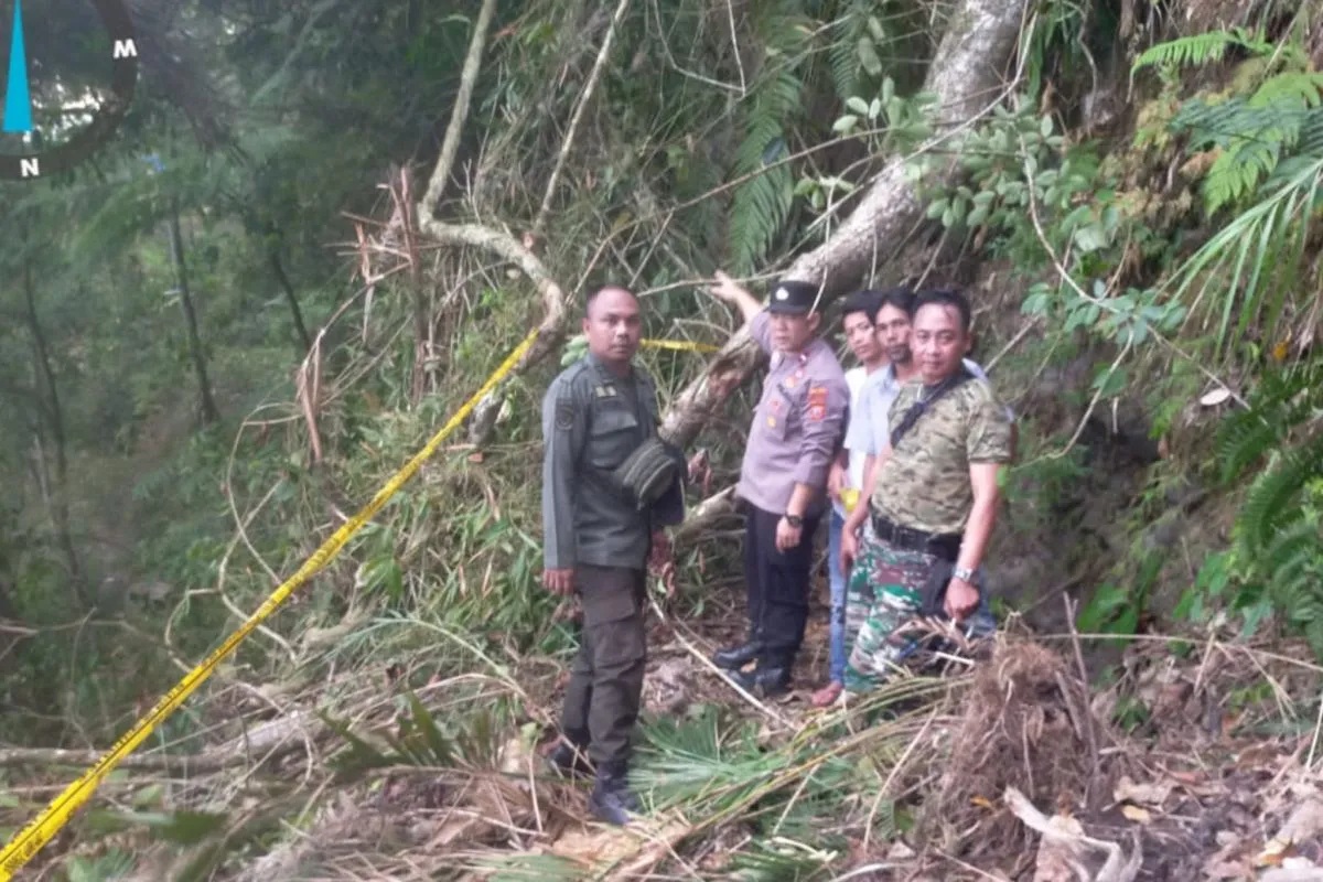 Polisi mengecek lokasi warga yang tertimpa pohon di hutan Kecamatan Peundeuy, Kabupaten Garut, Jawa Barat, (Polres Garut)