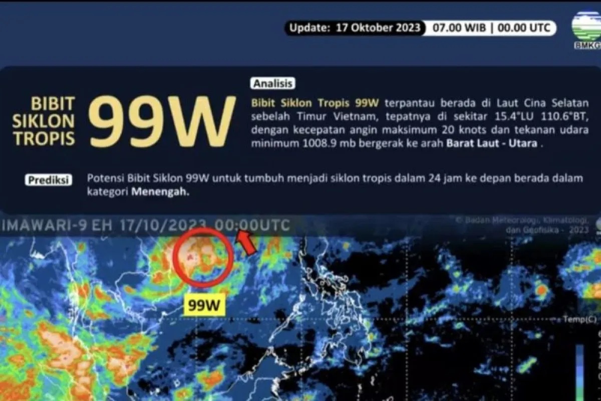 Siklon tropis 99W terpantau oleh BMKG berada di Laut Cina Selatan sebelah timur Vietnam, Selasa (17/10/2023). (Andi Firdaus)