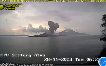 Tangkapan layar kamera CCTV yang memperlihatkan erupsi yang keluar dari kawah Gunung Anak Krakatau di Lampung, Selasa (28/11/2023). (PVMBG)