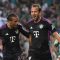 Pemain Bayern Munich Harry Kane berselebrasi dengan rekannya Leroy Sane ​​​​​​​setelah mencetak gol kedua ke gawang Werder Bremen dalam pertandingan sepak bola Liga Jerman (Bundesliga) di Stadion Weser, Bremen, Jerman, Sabtu (19/8/2023) dini hari. Bayern Munich menang telak atas Werder Bremen dengan skor 4-0. (Reuters/Fabian Bimmer/nym)
