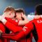 Rasmus Hojlund dari Manchester United merayakan gol pertama mereka bersama Scott McTominay dan Marcus Rashford dalam pertandingan kualifikasi Liga Champions Grup A melawan FC Copenhagen di Telia Parken, Kopenhagen, Denmark, Rabu (8/10/2023). (Ritzau Scanpix via REUTERS)