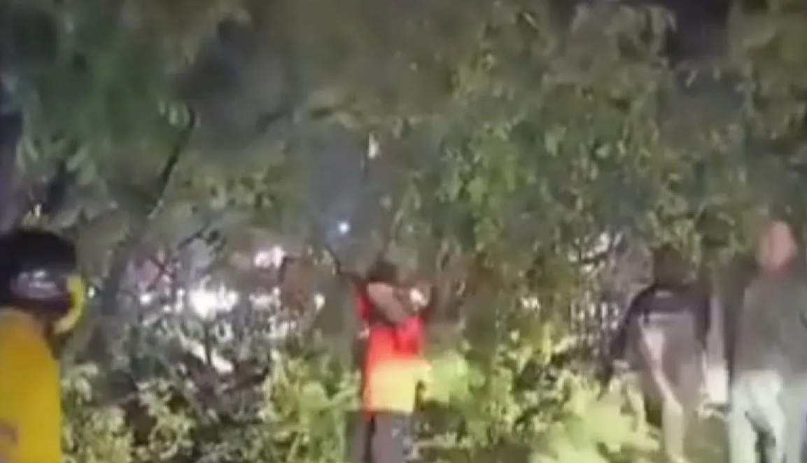 Jalan utama Cianjur menuju Bandung, tepatnya di Kecamatan Karangtengah, Cianjur, Jawa barat, terputus semnetara akibat pohon tumbang setelah hujan turun deras, Jumat (10/11/2023). (Ahmad Fikri)