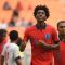 Pesepak bola Timnas Inggris Josh-Ko Acheampong (2) melakukan selebrasi usai mencerak gol ke gawang Kaledonia Baru saat laga penyisihan Grup C Piala Dunia U-17 di Jakarta International Stadium, Jakarta, Sabtu (11/11/2023). (Akbar Nugroho Gumay)