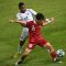Pesepak bola Timnas Indonesia Amar Brkic (kanan) berebut bola dengan pesepak bola Timnas Panama Hector Rios (kiri) dalam pertandingan penyisihan Grup A Piala Dunia U-17 2023 di Stadion Gelora Bung Tomo (GBT), Surabaya, Jawa Timur, Senin (13/11/2023). (Aditya Pradana Putra.)