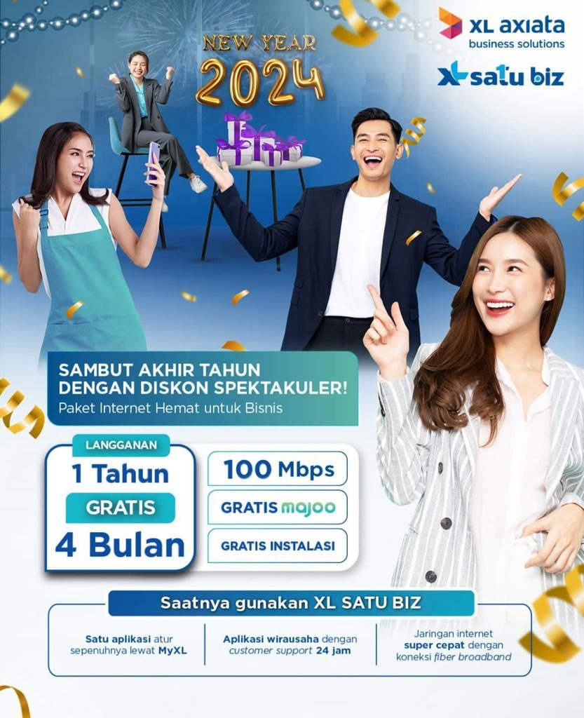 SOLUSI UKM:XL SATU BIZ ini memberikan paket internet hemat untuk bisnis yang berlangganan 1 tahun gratis 4 bulan. Promo ini mulai berlaku sejak 1 Desember 2023 hingga 29 Febuari 2024.(ist)