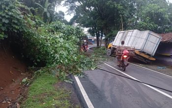 LAKALANTAS : Kondisi truk terperosok dan nyaris terguling di Kampung/ Desa Pangkalan, Kecamatan Cikidang, Kabupaten Sukabumi.
