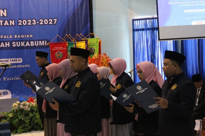 KHIDMAT: Selain Warek I,II dan III, Rektor UMMI, Dr. Reny Sukmawani., M.P., juga melantik kepala biro dan kepala bagian masa jabatan 2023-2027 di Auditorium UMMI,pada Rabu (13/12/2023). (ist)