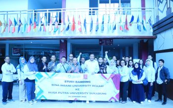 FOTO BERSAMA: Rektor Universitas Nusa Putra kurniawan bersama Rektor Bina Insani University saat melakukan kunjungan studi banding ke Nusa Putra, Rabu (24/1).