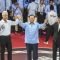 Capres nomor urut 1 Anies Baswedan (kanan), capres nomor urut 2 Prabowo Subianto (tengah), dan capres nomor urut 3 Ganjar Pranowo (kiri) berpegangan tangan usai beradu gagasan dalam debat pertama capres Pemilu 2024 di Gedung KPU RI, Jakarta, Selasa (12/12/2023). (Galih Pradipta)