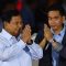 Pasangan calon presiden dan wakil presiden nomor urut 2 Prabowo Subianto-Gibran Rakabuming Raka tiba di lokasi Debat Ketiga Capres Pemilu 2024 di Istora Senayan, Jakarta, Minggu (7/1/2024). (Aditya Pradana Putra)