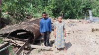 AMBRUK : Rumah panggung milik pasangan suami istri Hamid (45) dan Oyat (52) warga kampung Cimapag, Desa Mandrajaya, Kecamatan Ciemas, Kabupaten Sukabumi ambruk. (foto : ist)