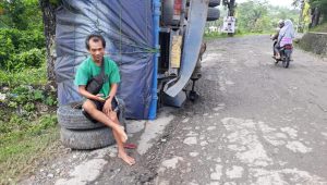 Truk Bermuatan Pakan Ayam Terjungkal di Jalan Jampangtengah