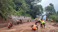 Sejumlah petugas gabungan saat berjibaku membersihkan material longsor yang menutup akses jalan nasional Majalengka-Kuningan di Cikijing, Majalengka, Jawa Barat, pada Rabu (6/3/2024) siang. (Fathnur Rohman)