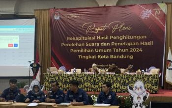 Komisi Pemilihan Umum (KPU) Kota Bandung saat menggelar rapat pleno terbuka rekapitulasi hasil penghitungan perolehan suara pemilu di Hotel Grand Pasundan, Kota Bandung, Jawa Barat, Kamis (29/2/2024). (Rubby Jovan)