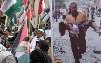 Ilustrasi aksi Bela Palestina membawa gambar korban pembantaian warga sipil Palestina. (Rahmad/Antara)