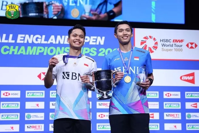 PENANTIAN PANJANG: Setelah 30 tahun menanti, akhirnya tunggal putra Indonesia kembali menjadi juara di All England 2024. Bahkan dengan torehan yang sama, menciptakan all Indonesian final. (PBSI)