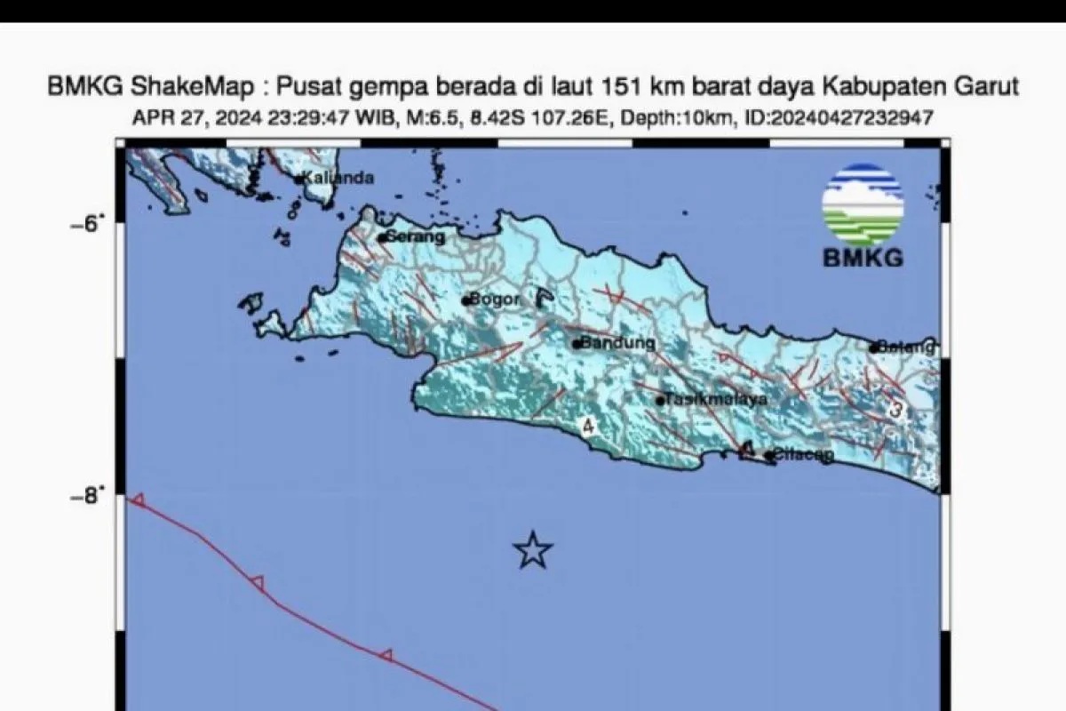 Peta pusat gempa dengan kekuatan magnitudo 6,5 di Kabupaten Garut, Jawa Barat, Sabtu (27/4/2024) malam. (BMKG)