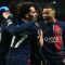 Penyerang Paris Saint-Germain Kylian Mbappe melakukan selebrasi usai timnya mencetak gol ke gawang Barcelona pada laga pertama perempat final Liga Champions 10 April 2024. (MIGUEL MEDINA)