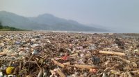 KUMUH : Kondisi serakan sampah di pantai Talanca Loji, Kecamatan Simpenan, Kabupaten Sukabumi.(FOTO : NANDI/ RADARSUKABUMI)