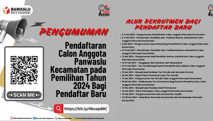 Pengumuman Pendaftaran Calon Anggota Panwaslu Kecamatan Kota Sukabum