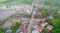 Pantauan drone BPBD Tanah Datar atas banjir bandang di Simpang Manunggal, Kecamatan Lima Kaum, Kab Tanah Datar. Sungai itu berhulu di Gunung Marapi dengan nama Sungai Malana atau Lona (BNPB)