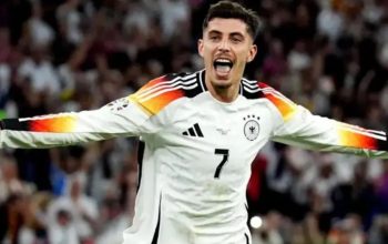 Selebrasi Kai Havertz setelah cetak gol untuk Timnas Jerman dalam pertandingan matchday ke-1 Grup A Euro 2024 lawan Skotlandia di Allianz Arena pada Sabtu (15/6/2024). (Dok-UEFA).
