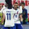 Penyerang Prancis Kylian Mbappe dan Ousmane Dembele merayakan gol dalam pertandingan sepak bola Grup D UEFA Euro 2024 antara Austria dan Prancis di Duesseldorf Arena di Duesseldorf, Senin (17/6/2024) waktu setempat.(AFP/Ozan Kose)