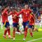 Skuad Spanyol merayakan own goal Riccardo Calafiori di laga kontra Italia, Euro 2024 (c) AP Photo/Martin Meissner