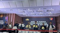 Satgas Pemberantasan Judi Daring merilis pengungkapan kasus judi daring di Bareskrim Polri, Jakarta, Jumat (22/6/2024). (Laily Rahmawaty)