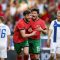 Selebrasi Ruben Dias (kedua kiri) setelah mencetak gol untuk Timnas Portugal dalam pertandingan ujicoba lawan Finlandia di Stadion Jose Alvalade, Lisbon pada Rabu (05/6/2024).