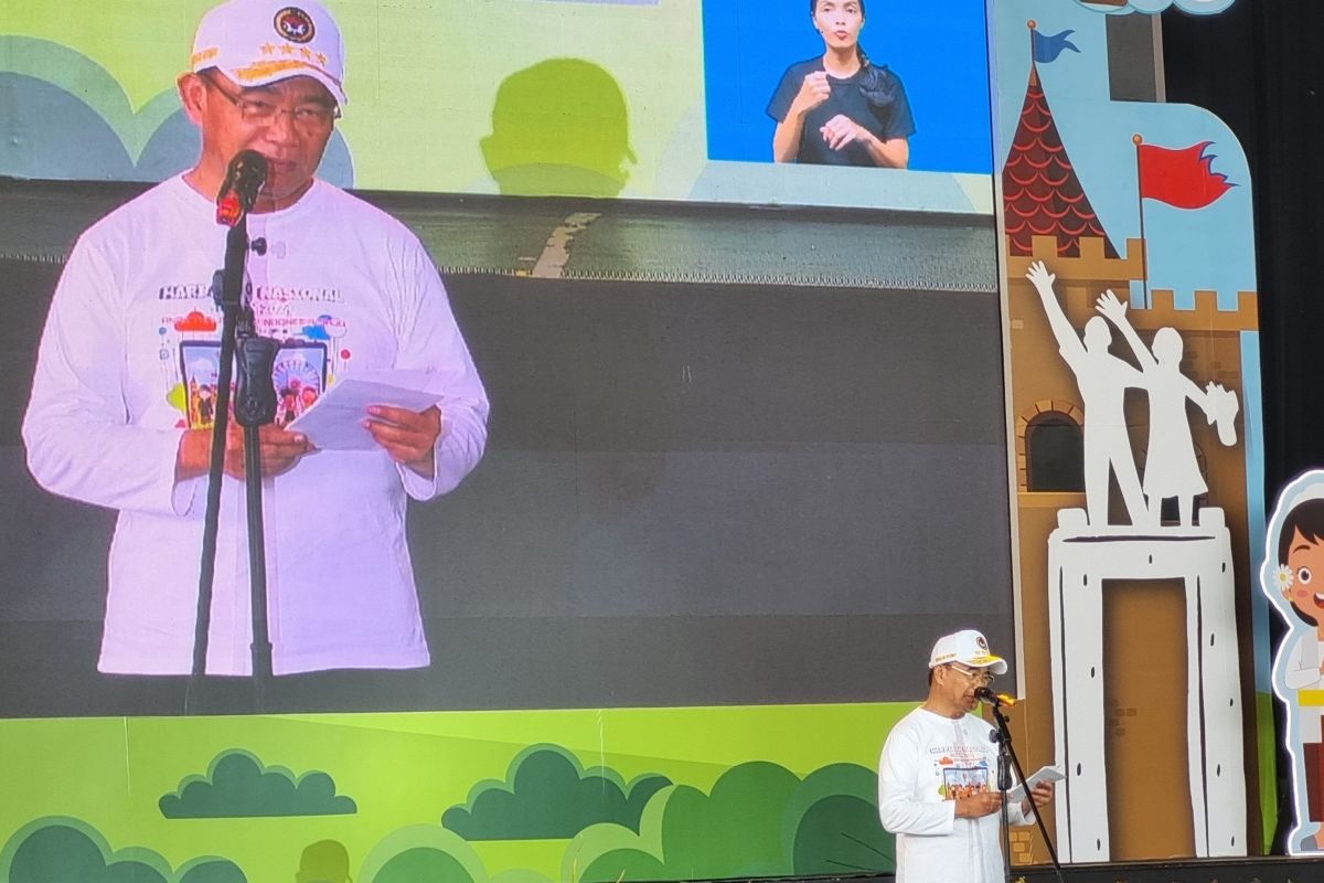 Menteri Koordinator Bidang Pembangunan Manusia dan Kebudayaan Muhadjir Effendy dalam acara Festival Ekspresi Anak di Jakarta, Kamis (18/7/2024). (Anita Permata Dewi)