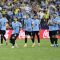 Pemain Uruguay merayakan kemenangan mereka atas Brasil pada laga perempat final di Copa America 2024 di Allegiant Stadium, Las Vegas 6 Juli 2024 in Las Vegas, Nevada. (Getty Images via AFP/KEVORK DJANSEZIAN)