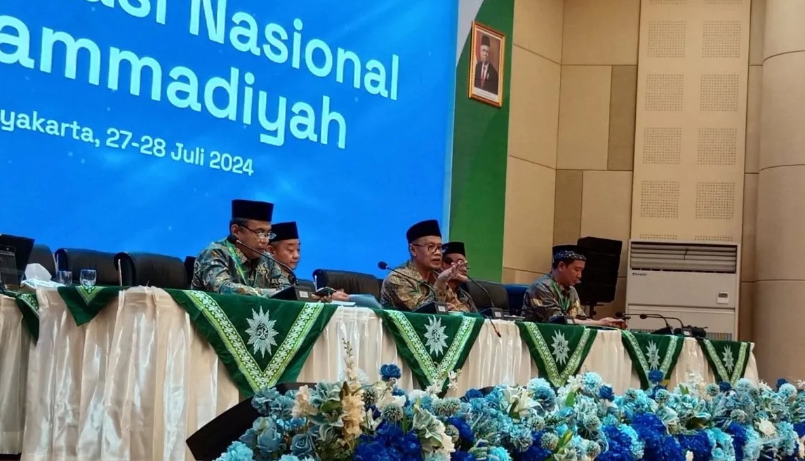 Jajaran Pimpinan Pusat (PP) Muhammadiyah saat konfernsi pers usai Konsolidasi Nasional Muhammadiyah di Universitas Aisyiyah (Unisa) Yogyakarta, Sleman, Daerah Istimewa Yogyakarta, Minggu (28/7/2024) (Luqman Hakim)