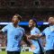 Mathias Olivera dari Uruguay merayakan bersama rekan satu timnya setelah mencetak gol pertama tim pada pertandingan Grup C CONMEBOL Copa America 2024 antara Amerika Serikat dan Uruguay di GEHA Field di Arrowhead Stadium pada Senin (1/7/2024) di Kansas City, Missouri. (AFP/Michael Reaves)