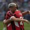 Lorenzo Colombo merayakan golnya pada uji coba pramusim antara AC Milan dan Manchester City (c) AP Photo/Pamela Smith