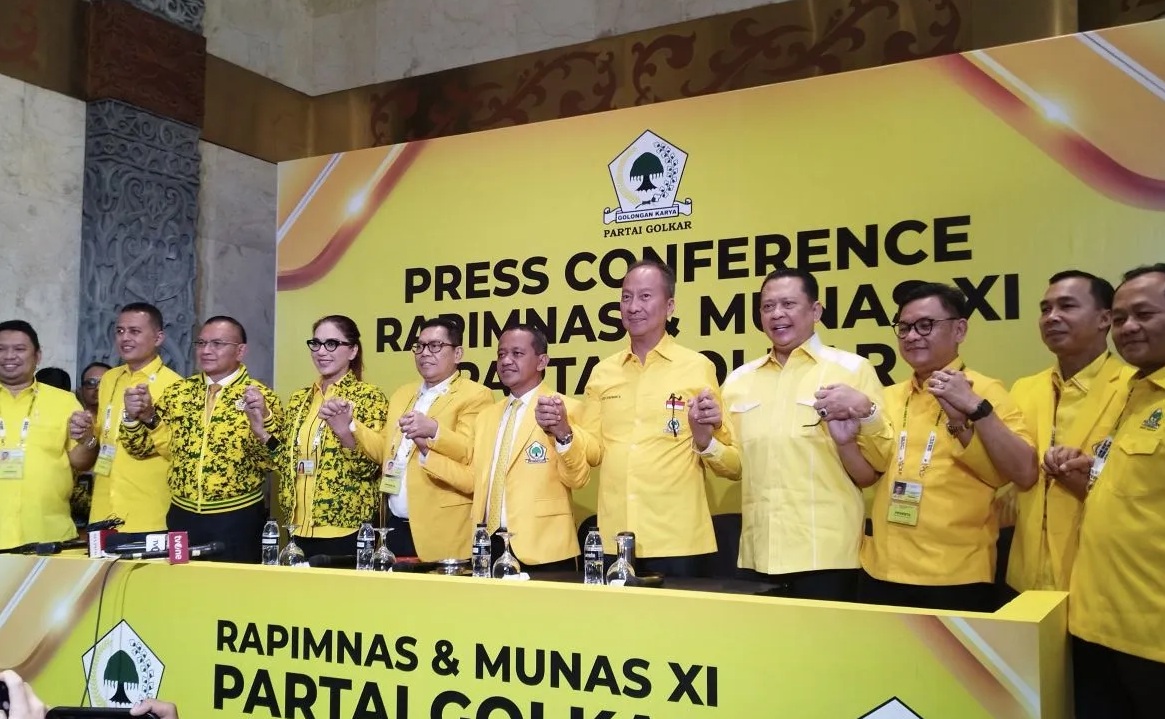 Konferensi pers Munas XI Partai Golkar usai persetujuan Bahlil Lahadalia sebagai ketua umum di Jakarta Convention Center, Jakarta, Rabu (21/8/2024). (Bagus Ahmad Rizaldi)