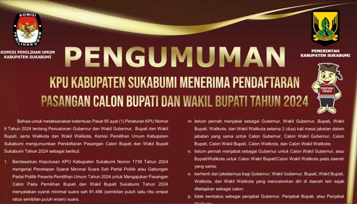 Pengumuman KPU Kabupaten Sukabumi Menerima Pendaftaran Pasangan Calon Bupati dan Wakil Bupati Tahun 2024